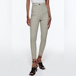 Zara High Rise Elastic Waist Cream Black Windowpane Plaid Leggings  Pants XS